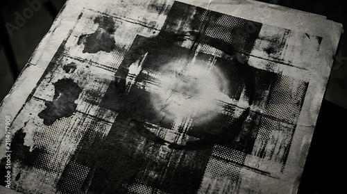 Abstract black and white grunge texture with halftone patterns, distressed ink splatters, and a central circular glowing effect on a textured paper surface