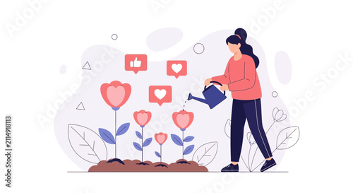Woman watering social media likes and hearts growing like flowers, concept of content growth and engagement