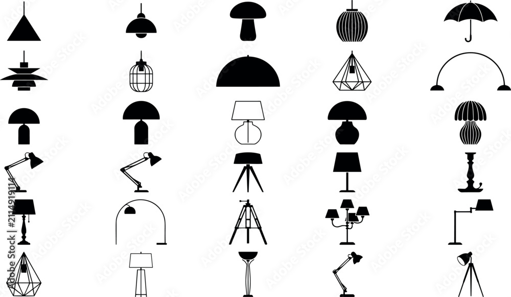 Naklejka premium Modern Lamp and Lighting Fixture Silhouette Icon Set Featuring Desk, Floor, and Pendant Lights for Interior Design and Home Decor Elements