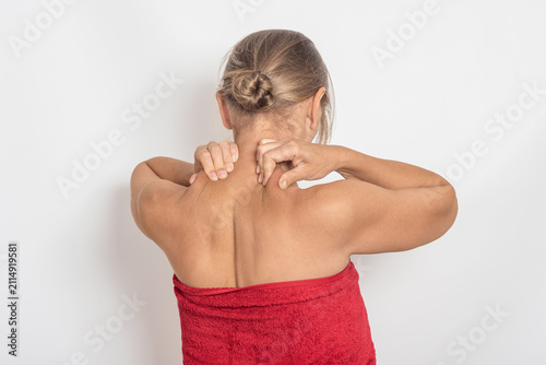 Konstfotografi Self massage of neck and shoulder muscles, neck pain and headache