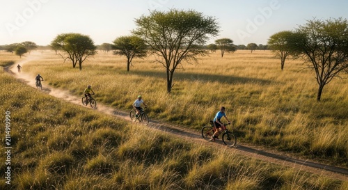 Three cyclists enjoying a sunny day ride on a dirt path through a vast savanna landscape with scattered trees