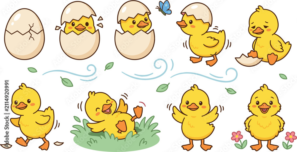 Fototapeta premium Cute Easter Hatching Chick Character Sticker Set with Cartoon Yellow Ducklings Eggs Flowers and Butterfly for Newborn and Kids Graphic Apparel Designs