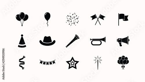 Black and white flat vector icons set celebration party event essentials with musical instruments against clean white background collection
