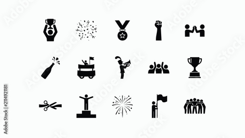 Принти на полотні Celebration icons set featuring victory symbols and group achievements in minima