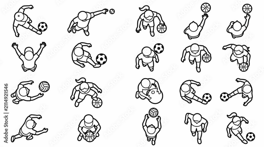 Obraz premium Architectural top view CAD block set of kids playing sports and ball games 