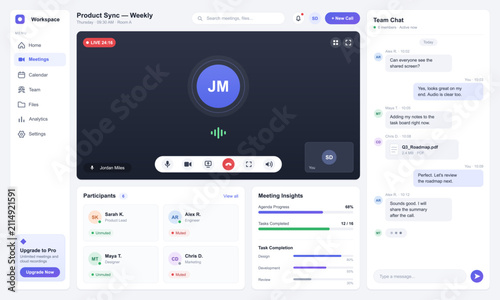 Schilderij op canvas Video conference and team collaboration workspace UI UX kit featuring video call screen, live chat panel, meeting insights graphs, calendar navigation, and participants list