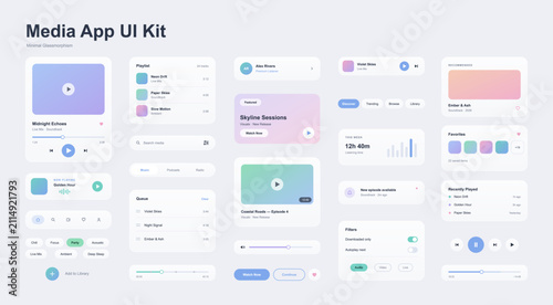 Foto Light mode glassmorphism streaming platform UI UX kit featuring video and music player components, multimedia playlists, search navigation, and audio stats widgets