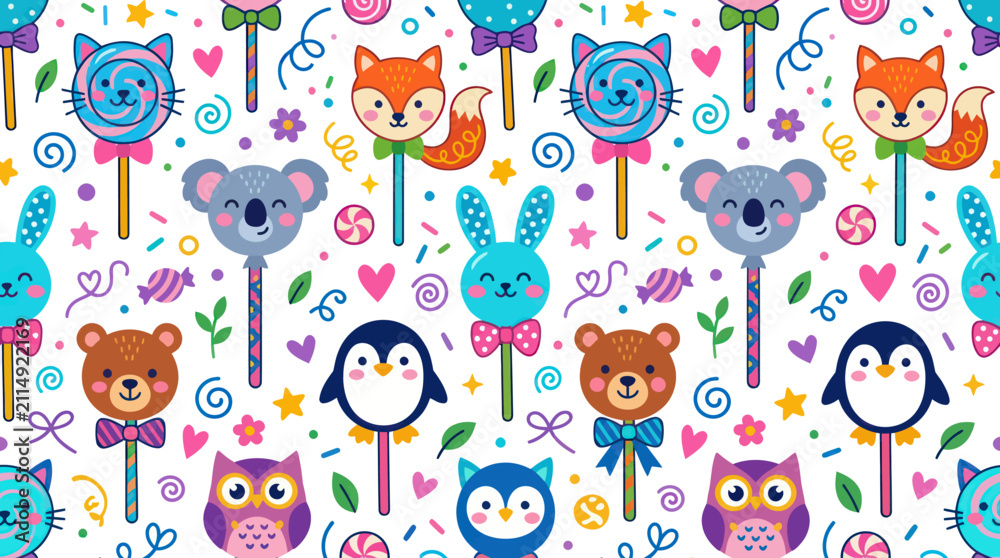 Fototapeta premium Cute Animals Lollipops Vector Pattern: Happy Fox, Bear, Penguin, Owl, Cat, Koala
