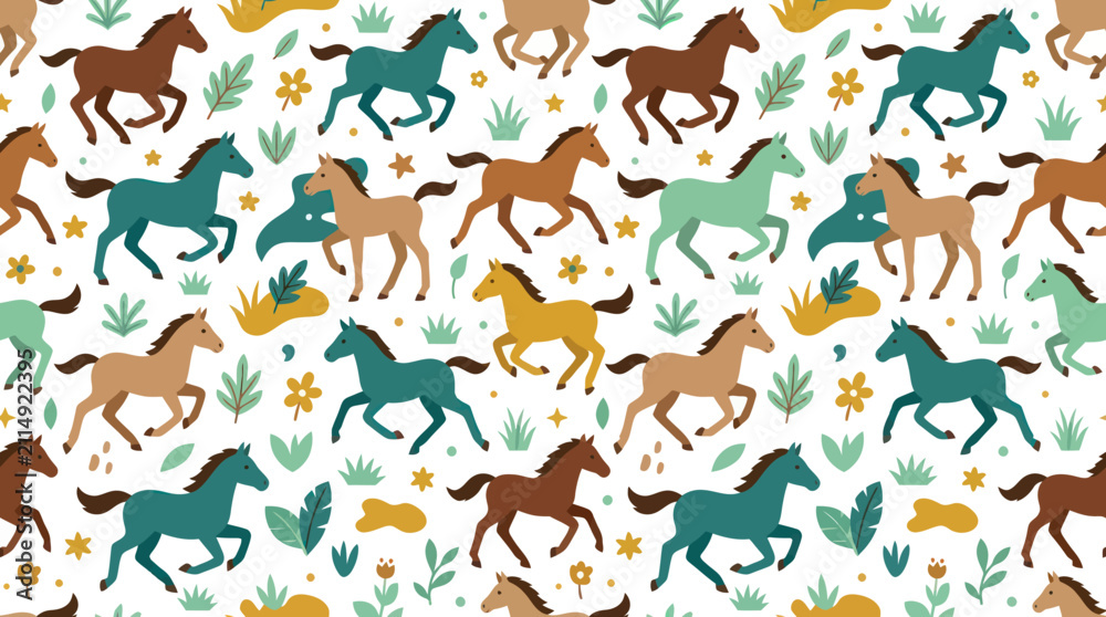 Obraz premium Cute Cartoon Horses Pattern, Vector Art, Seamless Background for Kids