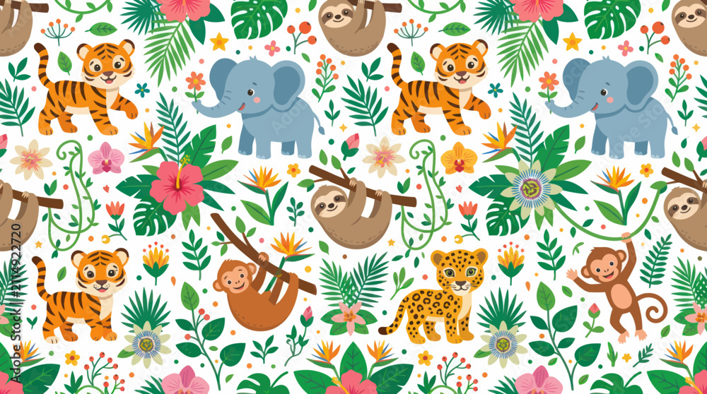 Fototapeta premium Cute Jungle Animals Seamless Pattern, Flat Vector Style, Perfect for Kids' Decor