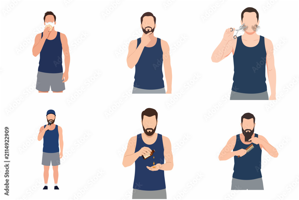 Fototapeta premium Flat vector illustration of a man's beard grooming routine including trimming, shaving, oiling, and combing