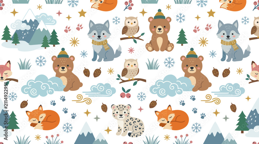 Fototapeta premium Cute Winter Woodland Animals Seamless Pattern Vector Illustration for Kids and Baby Textile Design