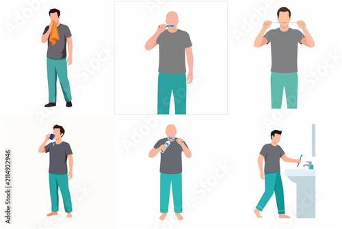 Man performing daily morning hygiene routine dental care and face washing flat vector illustration