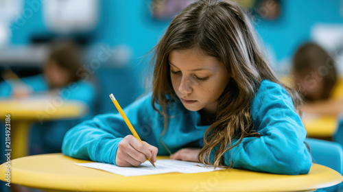 Focused schoolgirl writing exam with pencil in classroom demonstrating concentration and academic learning