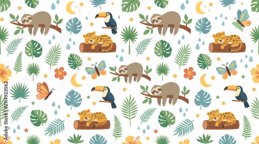 Fototapeta premium Cute Tropical Seamless Pattern with Sloths, Toucans, Leopards, and Butterflies in Flat Style