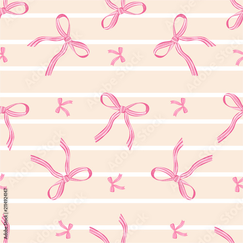 Pink Ribbon Bow Seamless Pattern with Beige Striped Background Cute Feminine Textile Design...