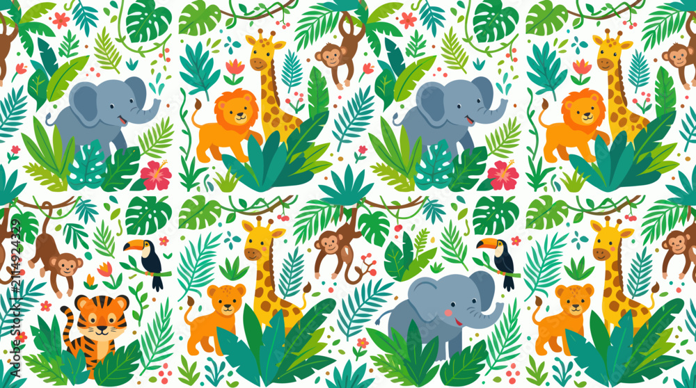 Obraz premium Cute Jungle Animals Seamless Pattern: Elephants, Lions, Giraffes, Monkeys, Toucan - Flat Style