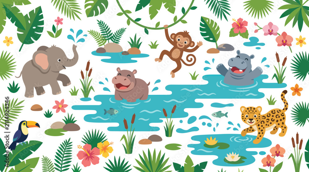 Obraz premium Cute Cartoon Jungle Animals Flat Illustration - Safari Wildlife Character Vector for Kids