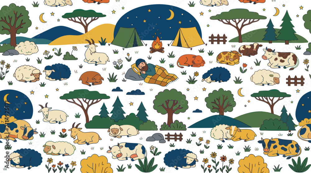 Naklejka premium Cute cartoon seamless pattern of farm animals sleeping in nature at night