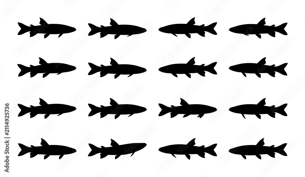 Fototapeta premium Shark Silhouettes Collection, Marine Wildlife Vector Icons, Ocean Predator Graphics, Underwater Animal Set