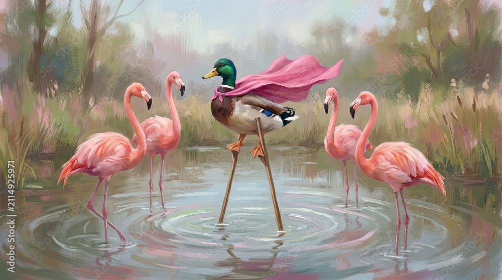 Obraz premium Superhero mallard duck wearing cape standing with pink flamingos.
