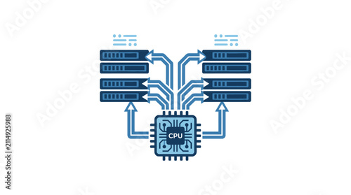 Fotografie CPU processor distributing data to multiple server racks.