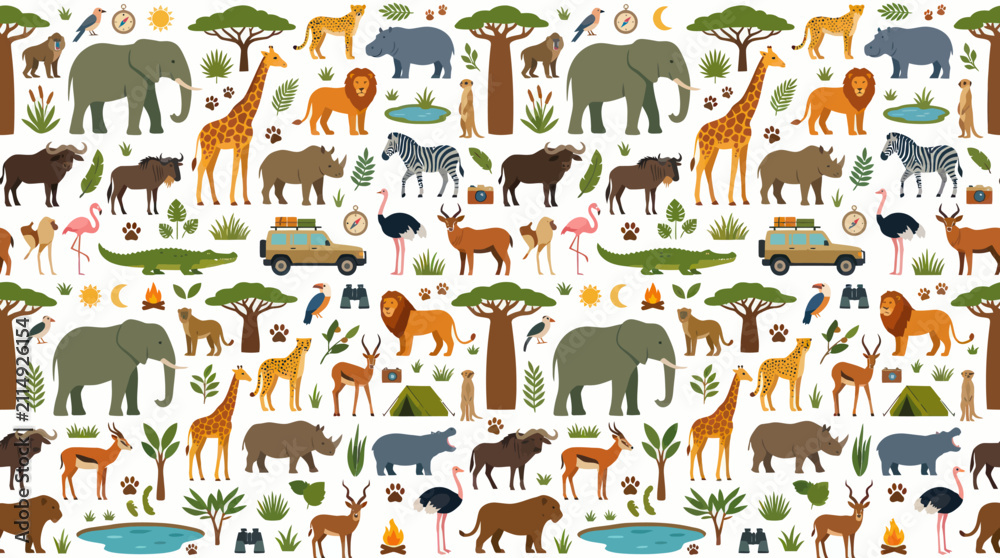 Naklejka premium African Safari Wildlife Animals and Nature Flat Design Seamless Pattern Vector Illustration for Kids