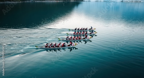Teams racing dragon boats on tranquil blue water, showcasing synchronized paddling and athletic endeavor during a vibrant competition.