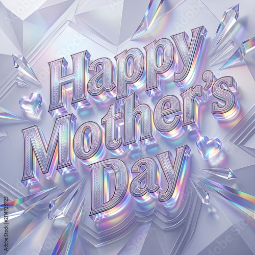 Premium Iridescent Crystal Happy Mother's Day Typography with Prism Gem Elements and Luxurious Holographic Background