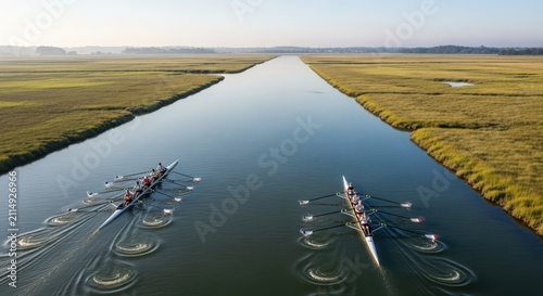Two rowing crews compete on a calm river flanked by grassy plains under a clear sky