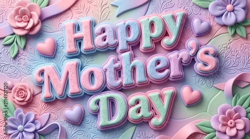 Soft Pastel Happy Mother's Day Typography with Floral Decorations, Hearts and Whimsical Spring Inspired Background Design