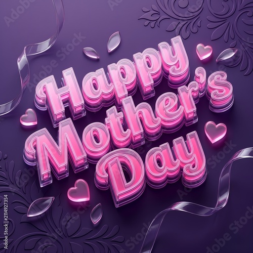 Modern Glossy Pink Happy Mother's Day Typography with Transparent Acrylic Layers and Decorative Ribbon Elements