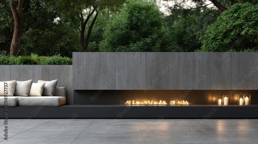 Obraz premium Modern garden setting features outdoor fireplace, black stone wall, and grey sofa with candles, captured at night with open space for text
