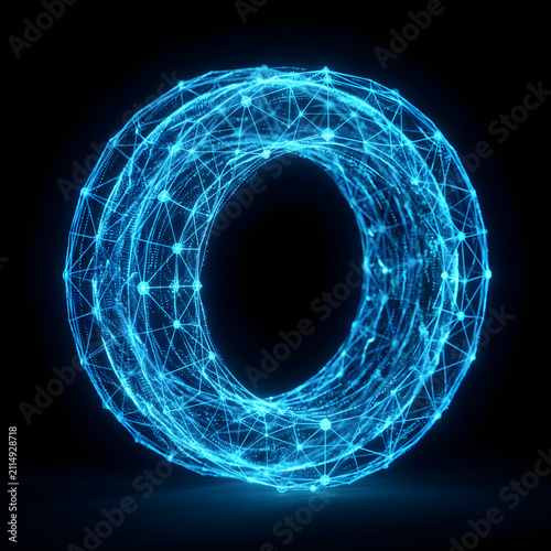 Futuristic Digital Tech Ring Set with Glowing Blue Plexus Network Nodes and HUD Interface on Black Background. 
