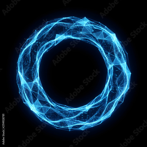 Futuristic Digital Tech Ring Set with Glowing Blue Plexus Network Nodes and HUD Interface on Black Background. 