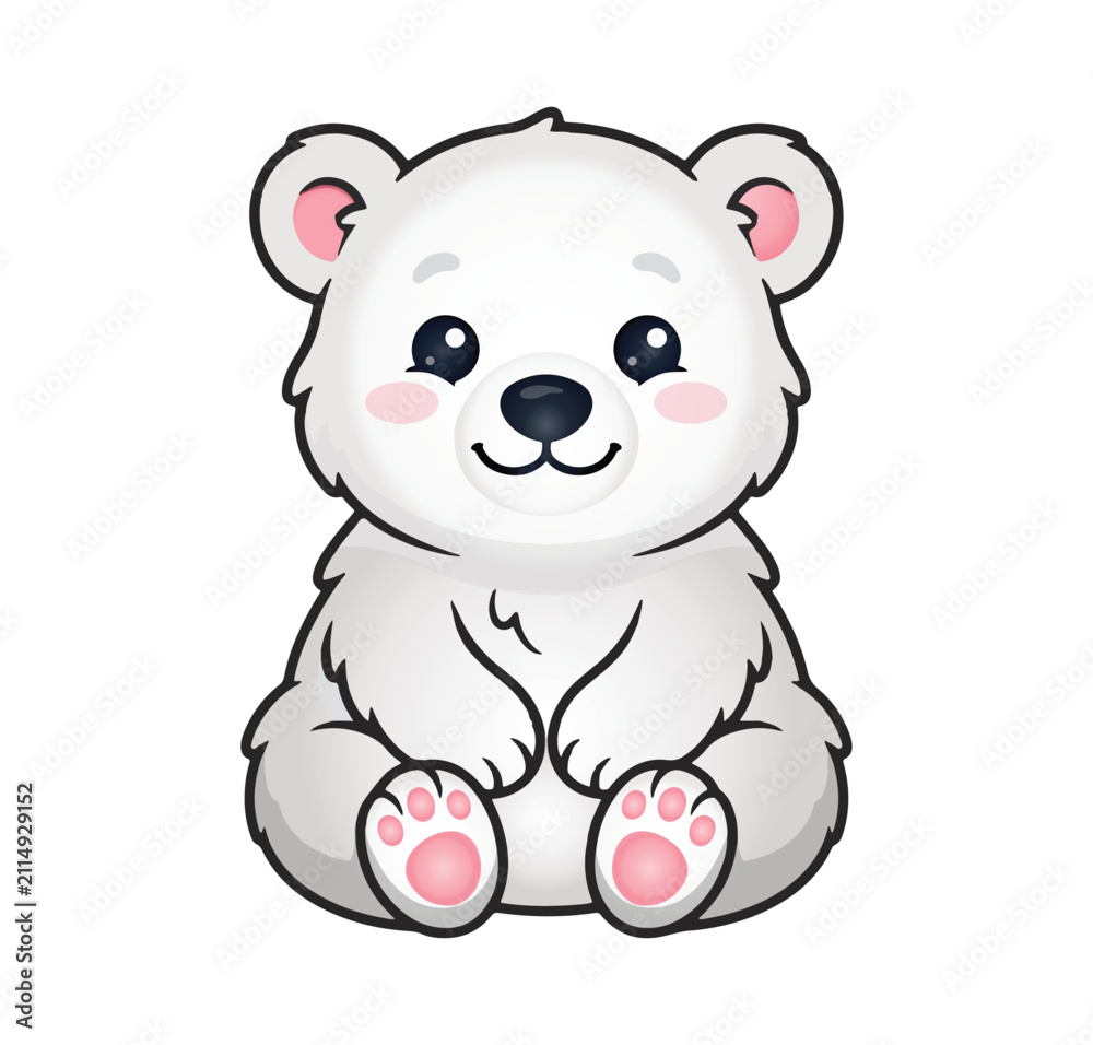 Fototapeta premium Cute Cartoon Polar Bear Cub Sitting Wildlife Character Vector Illustration
