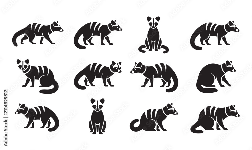 Obraz premium African Civet Silhouette Black White Vector Icon Set Multiple Poses Logo Design