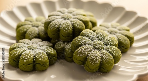 Green matcha flower shaped cookies dusted with powdered sugar, biscuits