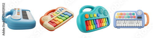 Colorful plastic toy keyboards with bright buttons and musical keys arranged in a collection set isolated on transparent background