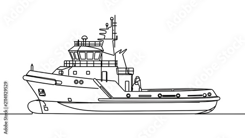 Tugboat line drawing on white background.