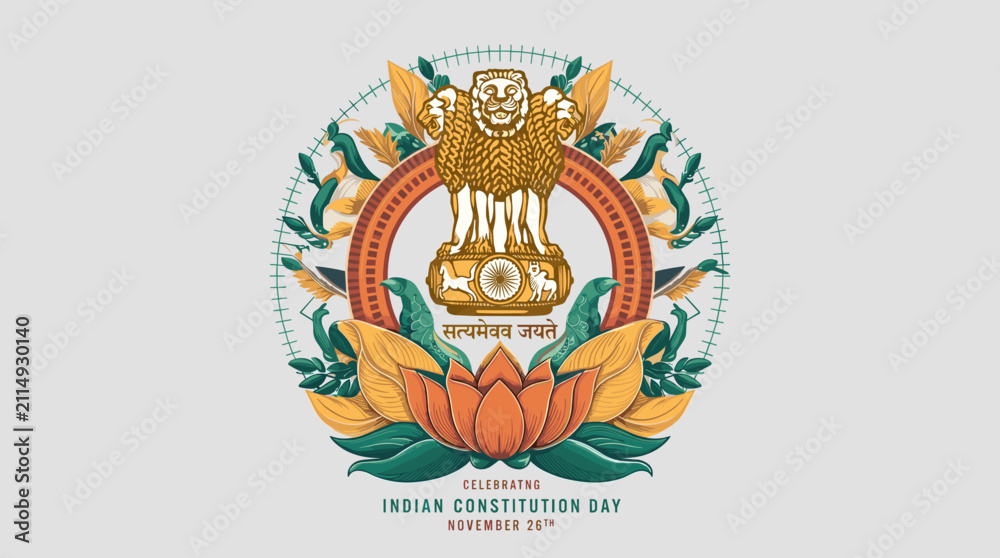 Obraz premium Indian Constitution Day Illustration for November 26th Featuring State Emblem of India and Lotus Flowers