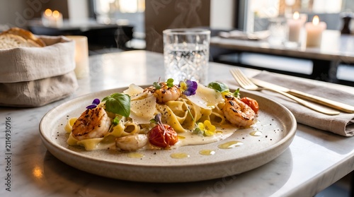 Elegant Pasta Dish with Shrimp and Edible Flowers