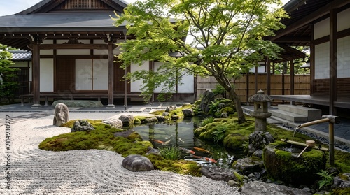 Tranquil Japanese Garden with Koi Pond and Traditional Lantern