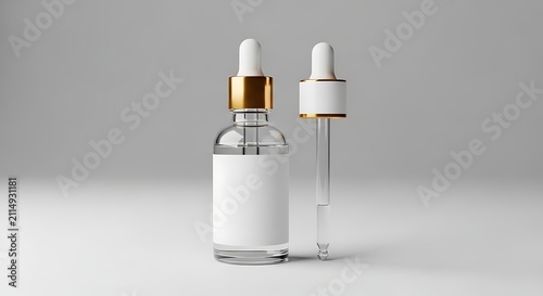 Clear glass cosmetic serum bottle with dropper and blank label, skincare