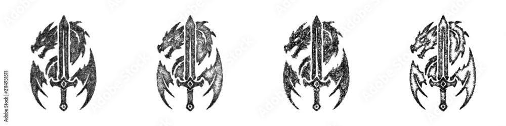 Fototapeta premium Sketch monochrome dragon slayer icon design set