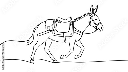 Donkey with saddlebags walking white background.