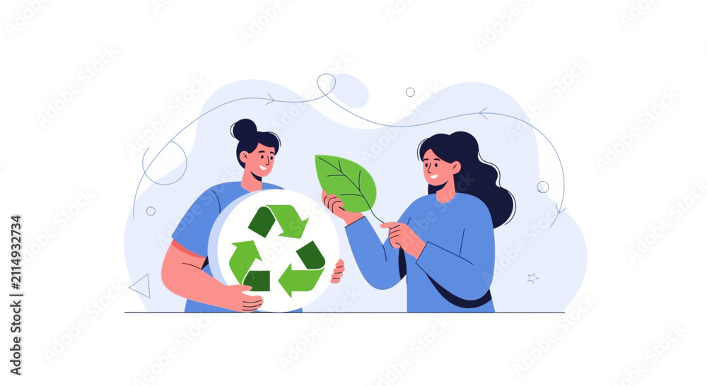 Fototapeta premium Diverse people united for environmental protection, holding recycling symbol and green leaf illustration.