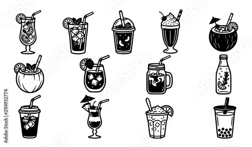 Fotografía Iced summer drinks icon set with cocktail lemonade iced coffee milkshake coconut
