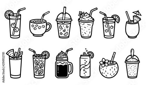 Cuadro en lienzo Iced summer drinks icon set with lemonade iced coffee smoothie milkshake coconut