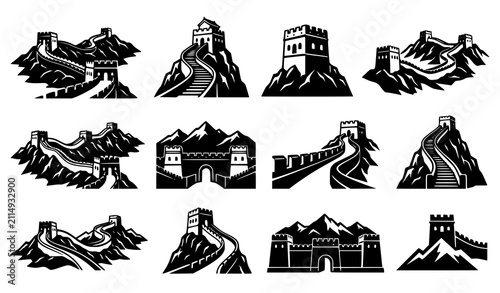 Great Wall of China silhouette collection with watchtower mountain fortress gate and stairway black vector illustration set on white
